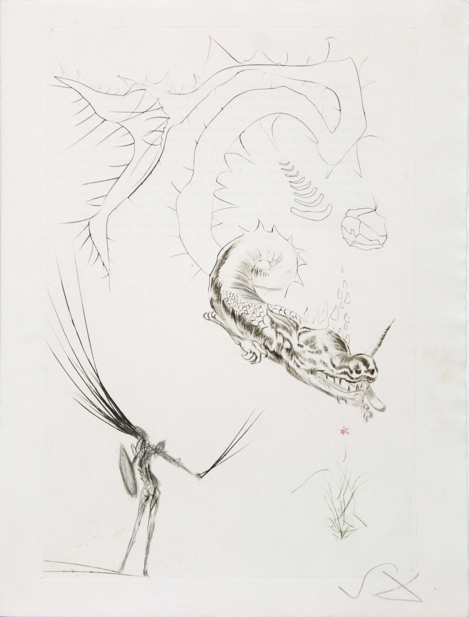 Salvador Dali - Tristan and the Dragon: Artist: Salvador Dali Title: Tristan and the Dragon Year: 1969 Dimensions: 12 3/4 x 17 5/8 in. Edition: From the limited edition of 115 Suite: Tristan and Isolde Medium: Original color drypoint