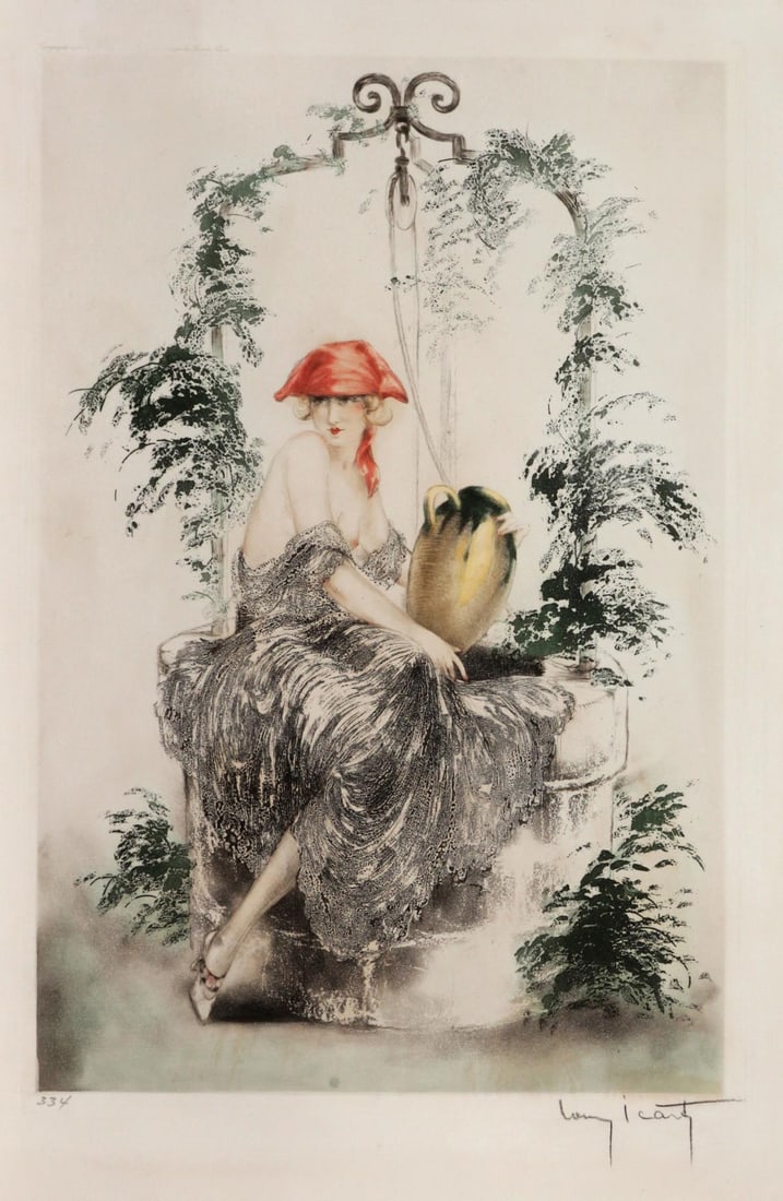 Louis Icart - Wishing Well: Artist: Louis Icart Title: Wishing Well Year: 1925 Dimensions: 16 7/8in. by 11 1/4in. Edition: From the rare limited edition Medium: Original drypoint etching on paper with hand watercoloring