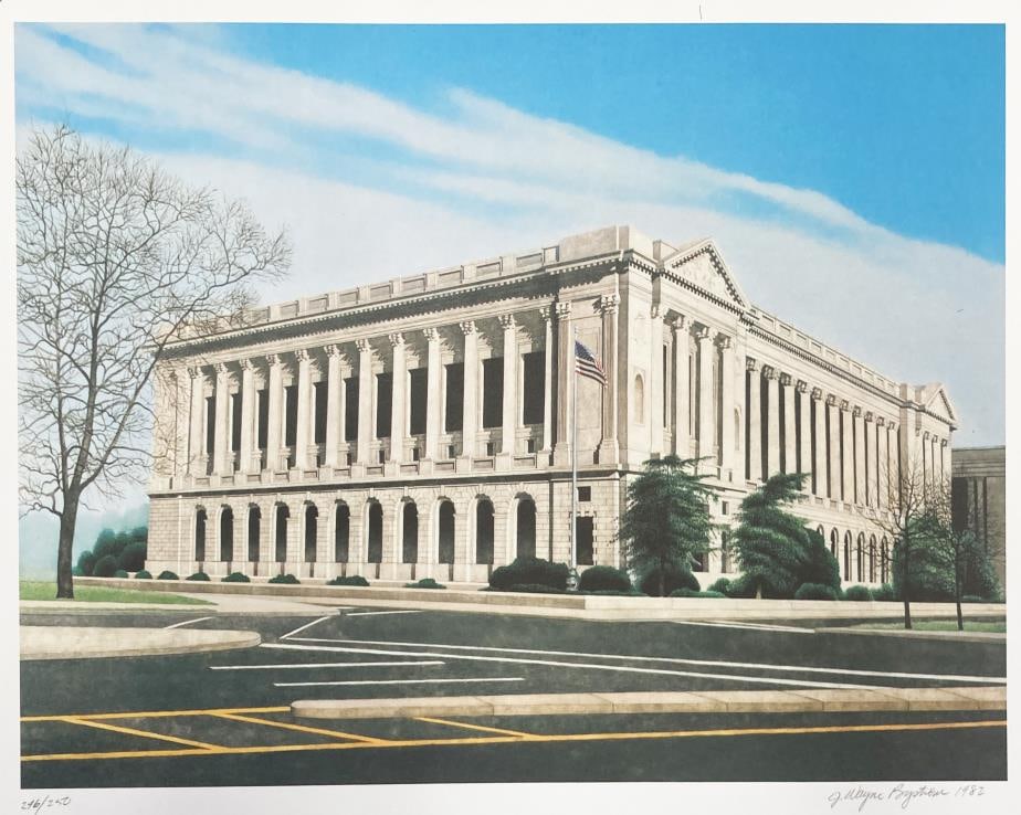 J. Wayne Bystrom - The Free LIbrary of Philadelphia: Artist: J. Wayne Bystrom Title: The Free LIbrary of Philadelphia Dimensions: 14 3/8in. by 11 7/8in. Edition: From the rare limited edition Suite: Philadelphia Portfolio Medium: Original Lithograph in