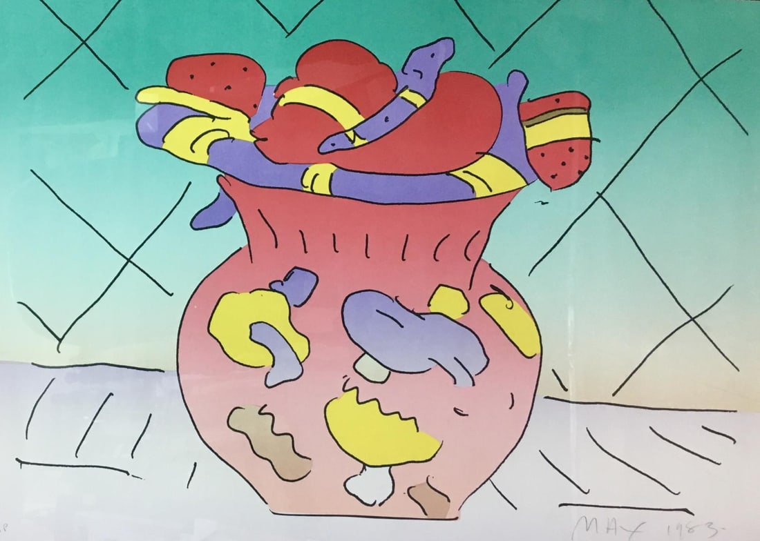Peter Max - Red Vase: Artist: Peter Max Title: Red Vase Year: 1983 Dimensions: 21in. by 30in. Edition: From the rare limited artist proof edition Medium: Color lithograph on paper Condition: Excellent Signature Details: