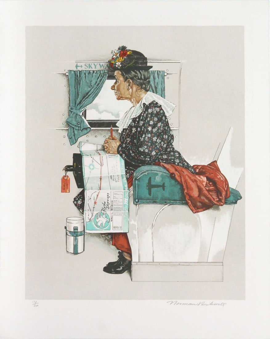Norman Rockwell - First Flight: Artist: Norman Rockwell Title: First Flight Dimensions: 21in. by 26in. Weight: 0 Edition: From the rare limited edition of 200 Medium: Original Lithograph on Paper Signature Details: Hand-signed by