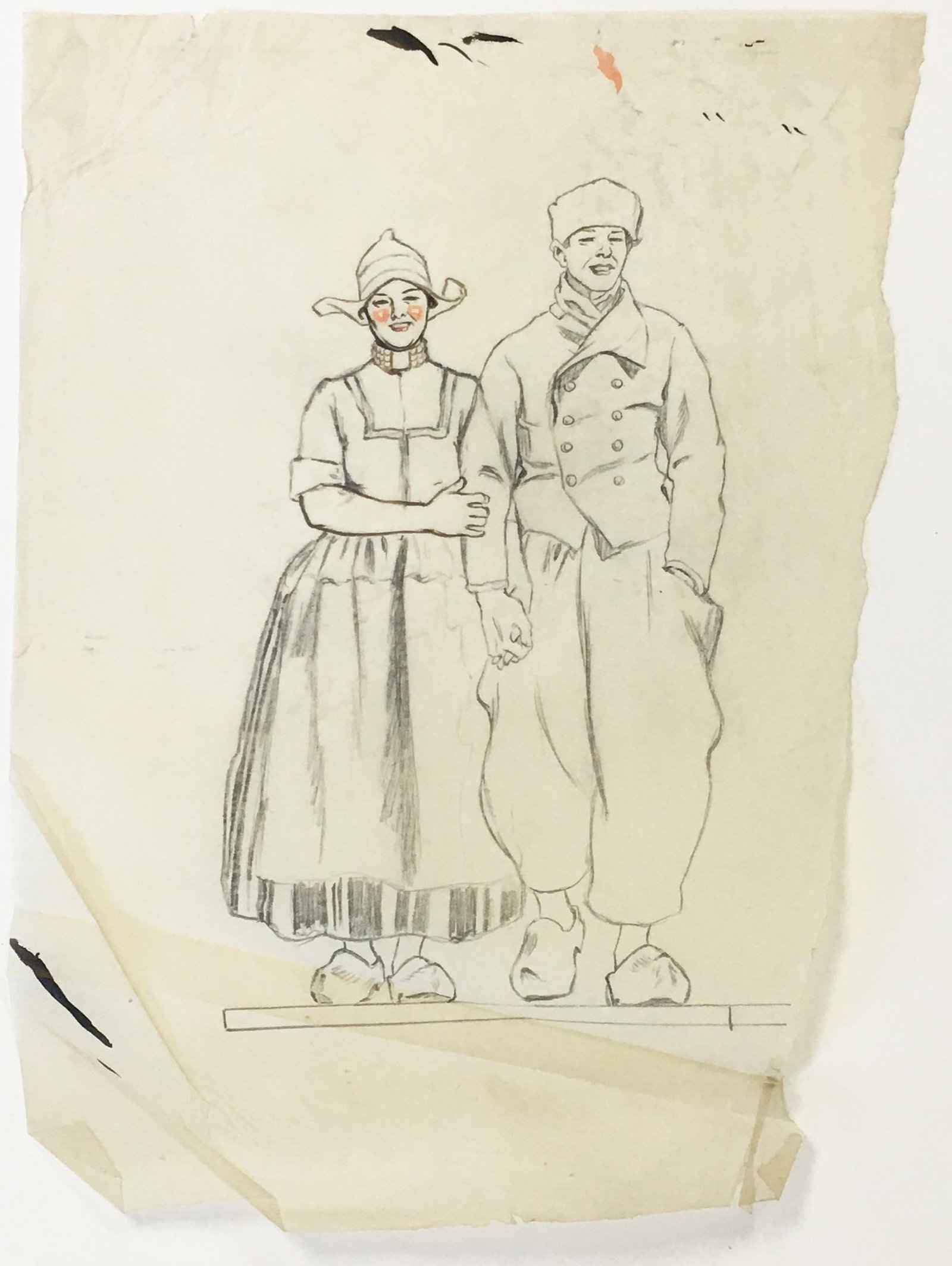 Edward Penfield - Dutch Couple 2: Artist: Edward Penfield Title: Dutch Couple 2 Dimensions: 11 7/8in. by 8 1/2in. Edition: Unique One of a Kind Artwork Medium: Graphite and Ink on Paper Condition: As Pictured Notes: Museumly Matted