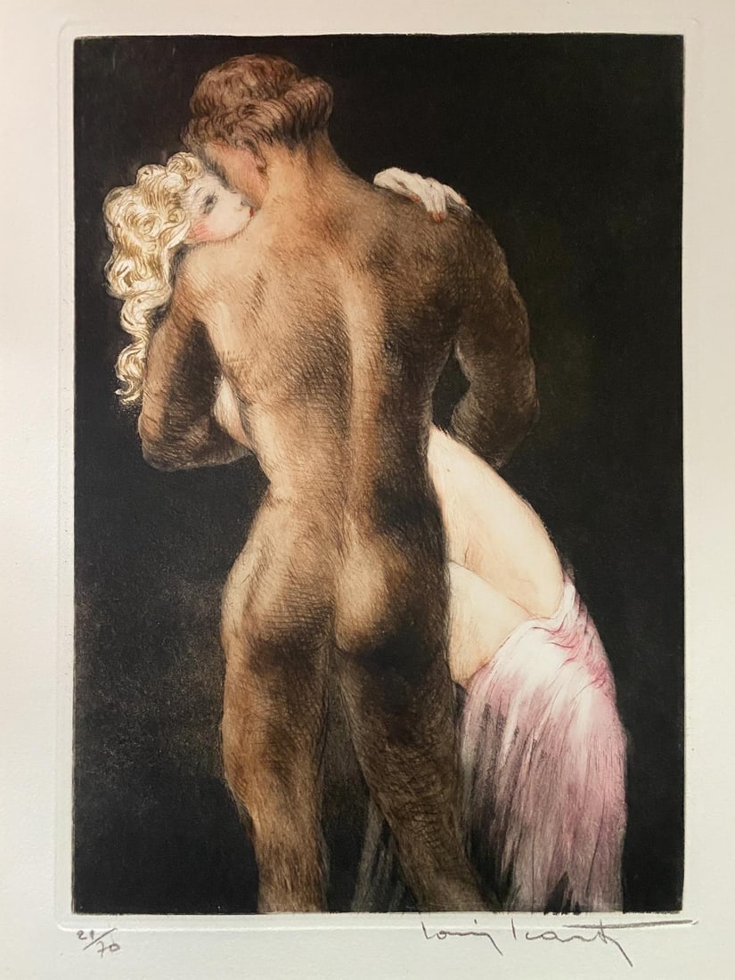 Louis Icart - Couple Embracing: Artist: Louis Icart Title: Couple Embracing Year: 1949 Dimensions: 13in. by 10in. Edition: From the rare limited edition of 70 Publisher: Editions de la Cite Suite: Les Amours de Psyche et de Cupidon