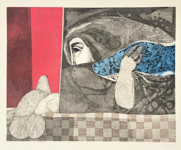 Sunol Alvar - The Dove: Artist: Sunol Alvar Title: The Dove Dimensions: 19 1/2in. by 24in. Edition: Numbered from the rare limited edition of 150 Medium: Original Aquatint Engraving in Colors on Paper Condition: Excellent