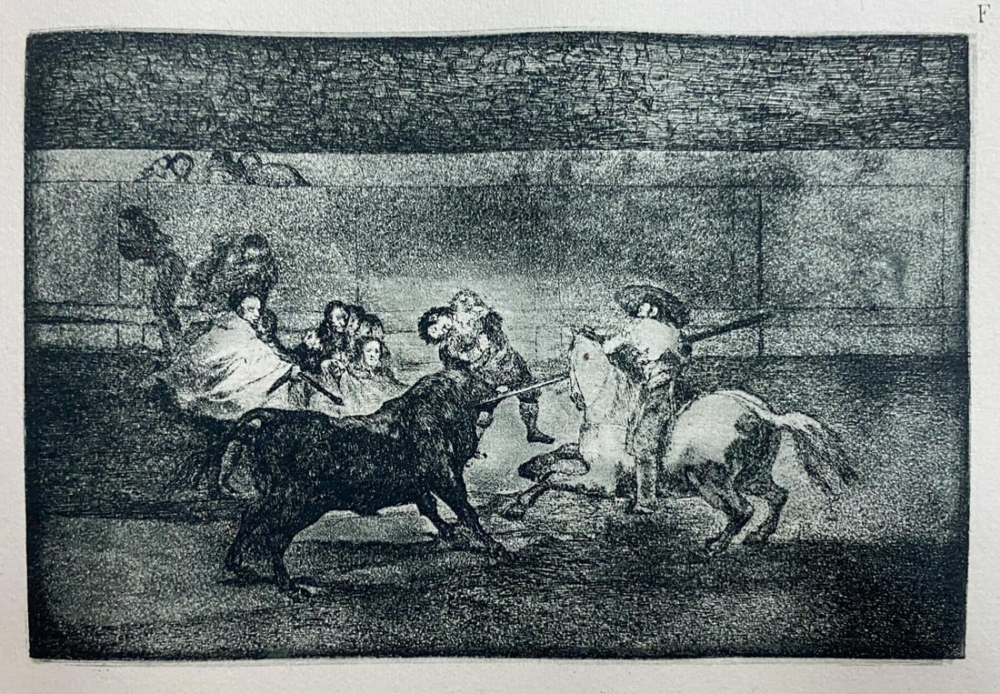 Francisco Goya - La Tauromaquia F: Artist: Francisco Goya Title: La Tauromaquia F Year: 1944 Dimensions: 9.5in. by 6.75in. Edition: From the Rare Limited Edition of 500 Publisher: Editorial Victoria, Barcelona Suite: La Tauromaquia