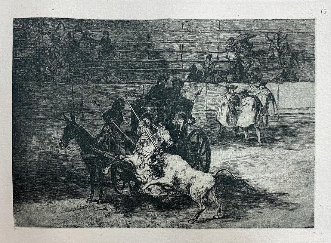 Francisco Goya - La Tauromaquia G: Artist: Francisco Goya Title: La Tauromaquia G Year: 1944 Dimensions: 9.5in. by 6.75in. Edition: From the Rare Limited Edition of 500 Publisher: Editorial Victoria, Barcelona Suite: La Tauromaquia