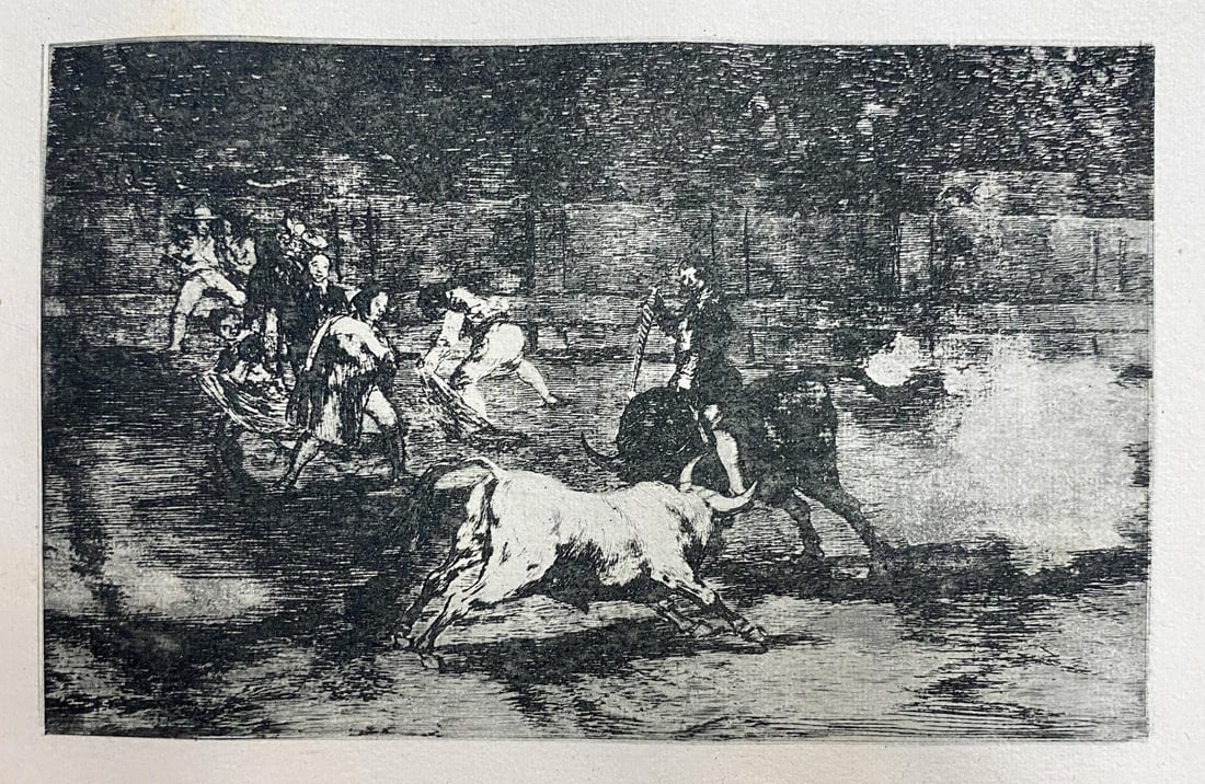 Francisco Goya - La Tauromaquia H: Artist: Francisco Goya Title: La Tauromaquia H Year: 1944 Dimensions: 9.5in. by 6.75in. Edition: From the Rare Limited Edition of 500 Publisher: Editorial Victoria, Barcelona Suite: La Tauromaquia