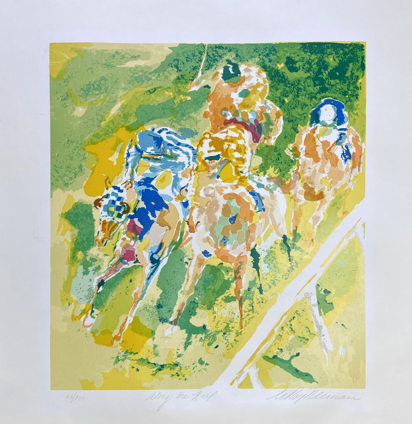 Leroy Neiman - Along The Rail: Artist: Leroy Neiman Title: Along The Rail Year: 1972 Dimensions: 26 1/4 x 22 in. Edition: From the rare limited edition of 200 Medium: Original serigraph in colors on paper Condition: Excellent