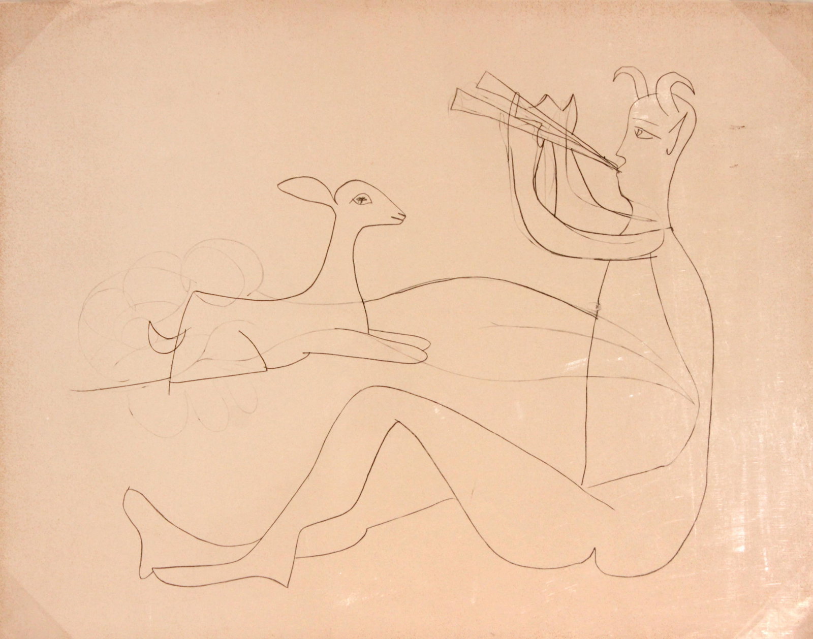 Pablo Picasso - Satyr and Faun: Artist: Pablo Picasso Title: Satyr and Faun Year: 1958 Dimensions: 19 1/2 x 25 in. Edition: From the rare limited edition of 200 Publisher: Au Pont des Arts; Paris. Suite: Les Dessin d?Antibes