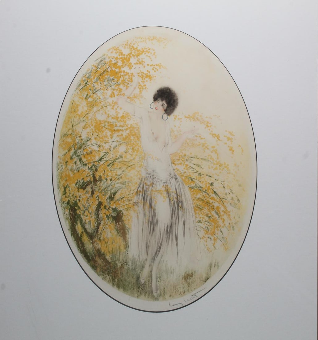 Louis Icart - Forsythia: Artist: Louis Icart Title: Forsythia Year: 1925 Dimensions: 18 3/4in. by 14 1/2in. Edition: From the rare limited edition Medium: Original drypoint etching with hand watercoloring on paper Condition: