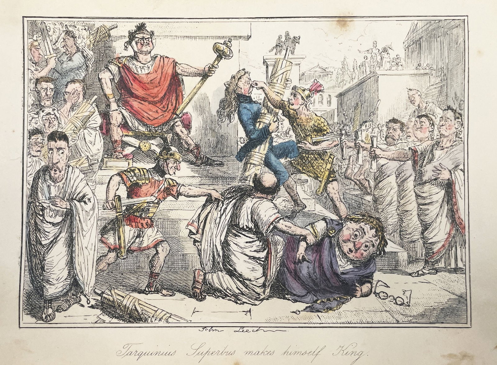 John Leech - Tarquinius Superbus Makes Himself King: Artist: John Leech Title: Tarquinius Superbus Makes Himself King Year: 1852 Dimensions: 8 1/2 x 5 1/2 in. Edition: From the rare limited edition Medium: Original Engraving with Hand Coloring on Paper