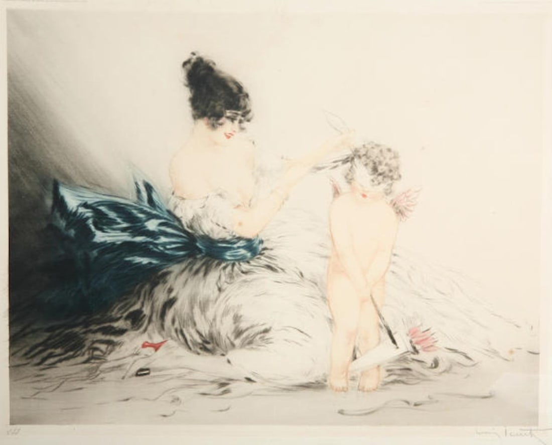 Louis Icart - Blindfold: Artist: Louis Icart Title: Blindfold Year: 1922 Dimensions: 14 1/4in. by 17 1/2in. Edition: From the rare limited edition Medium: Orignial etching on paper with hand colored water colors Condition: