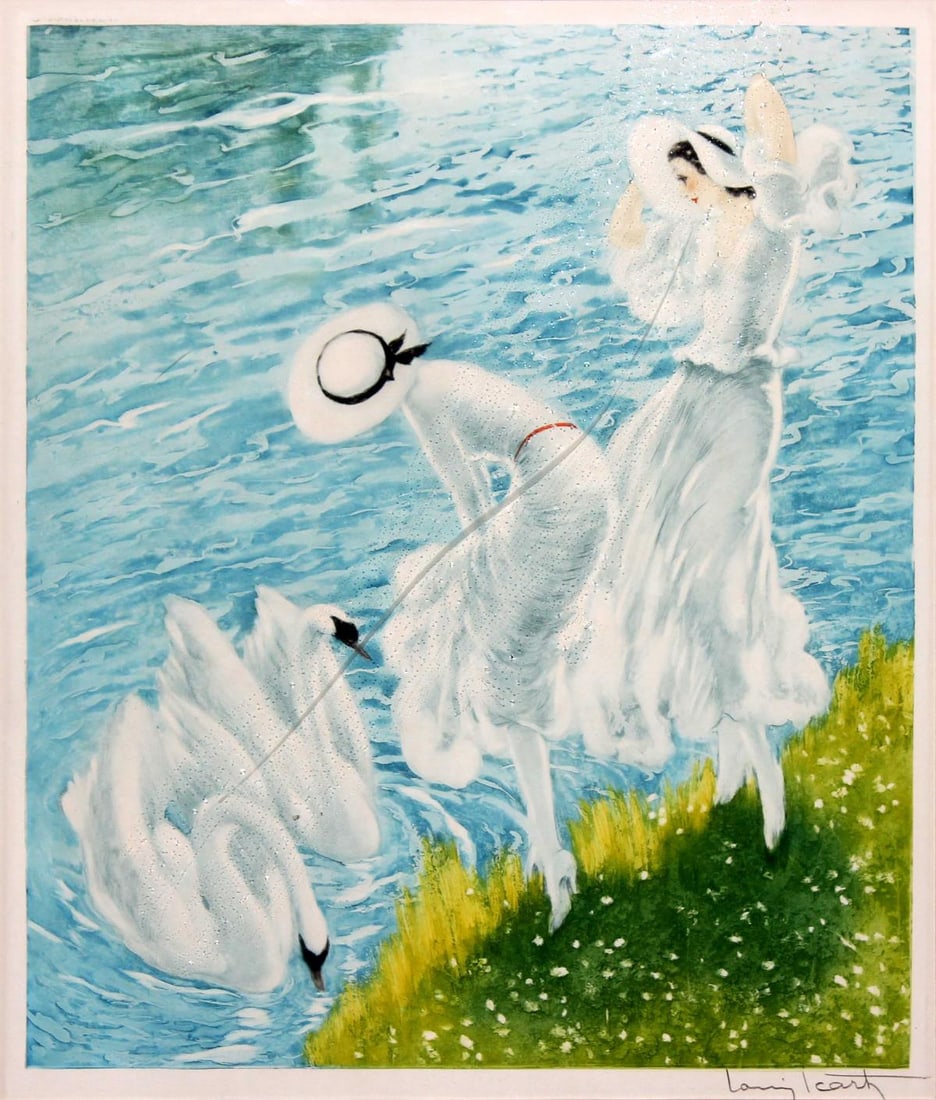 Louis Icart - Swans: Artist: Louis Icart Title: Swans Year: 1937 Dimensions: 22.5in. by 19in. Edition: From the rare limited edition of 250 Medium: Original drypoint etching with hand water coloring on paper Condition: