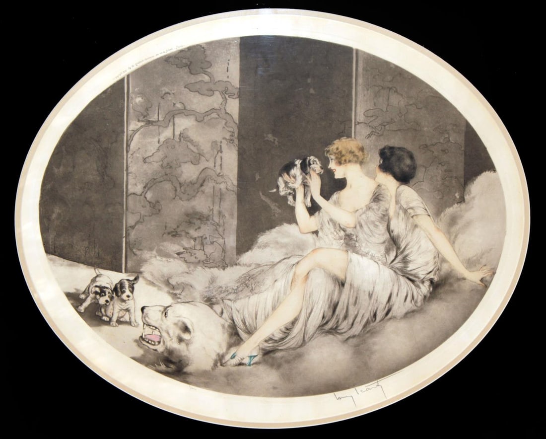 Louis Icart - Puppies: Artist: Louis Icart Title: Puppies Year: 1925 Dimensions: 17.2in. by 21.75in. Edition: From the rare limited edition Medium: Original etching with aquatint and hand coloring on paper Condition:
