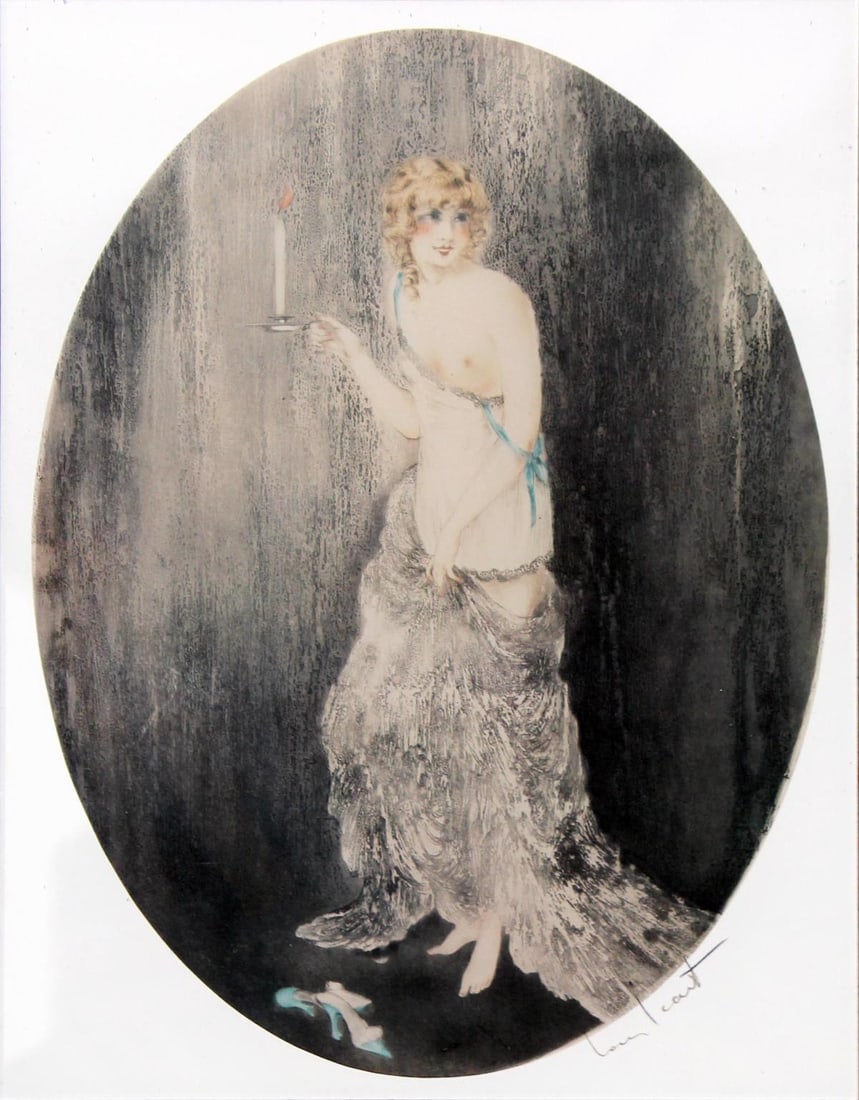 Louis Icart - Bedtime: Artist: Louis Icart Title: Bedtime Year: 1929 Dimensions: 17.5in. by 13.5in. Edition: From the rare limited edition Medium: Original drypoint etching with hand coloring on paper Condition: Excellent