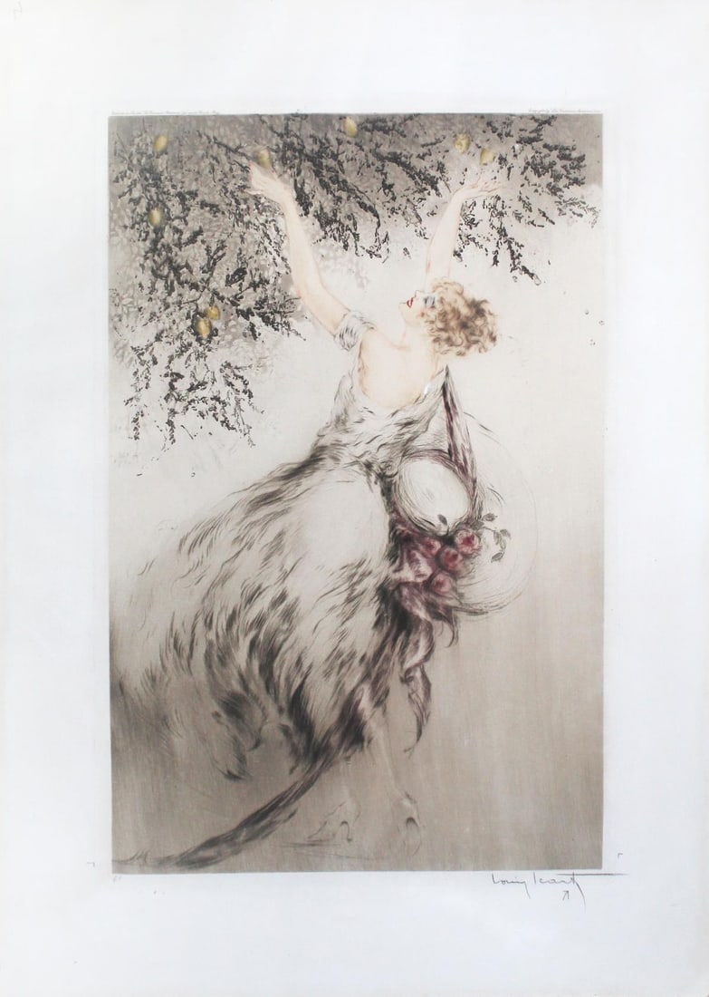 Louis Icart - Lemon Tree: Artist: Louis Icart Title: Lemon Tree Year: 1923 Dimensions: 18 1/2in. by 25 1/2in. Edition: From the rare limited edition Medium: Orignial etching on paper with hand colored water colors Condition: