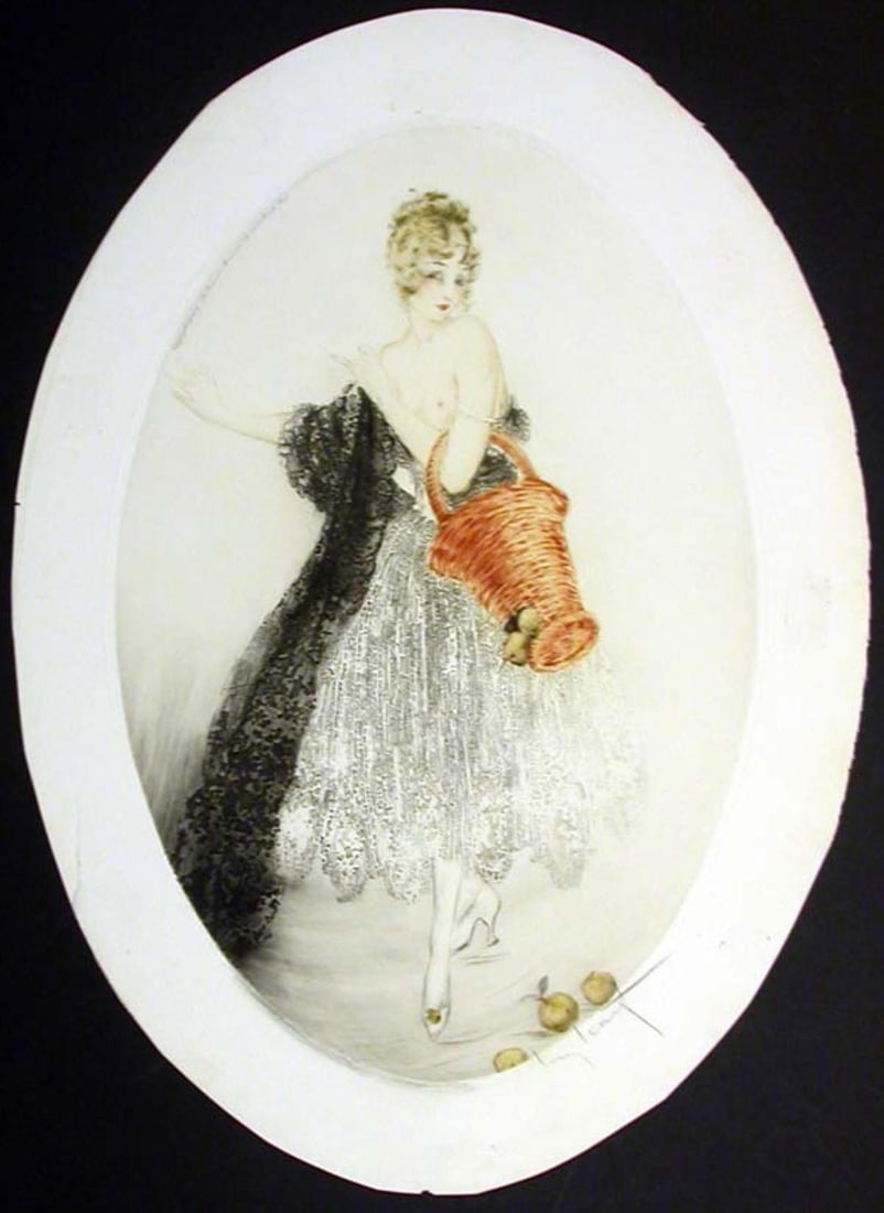 Louis Icart - Broken Basket: Artist: Louis Icart Title: Broken Basket Year: 1926 Dimensions: 16 7/8in. by 11 3/8in. Edition: From the rare limited edition Medium: Original drypoint etching with hand coloring on paper Condition: