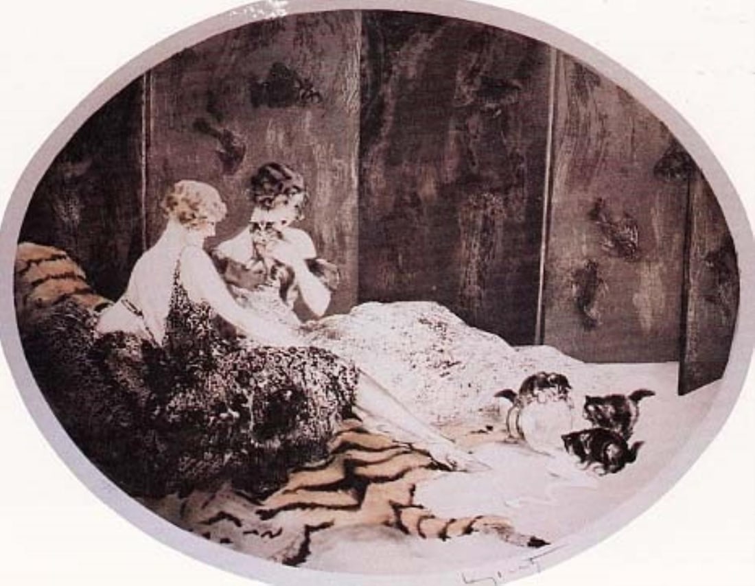 Louis Icart - Spilled Milk: Artist: Louis Icart Title: Spilled Milk Year: 1925 Dimensions: 16.5in. by 21in. Edition: From the rare limited edition of 300 Medium: Original dry point etching on paper with hand watercolor