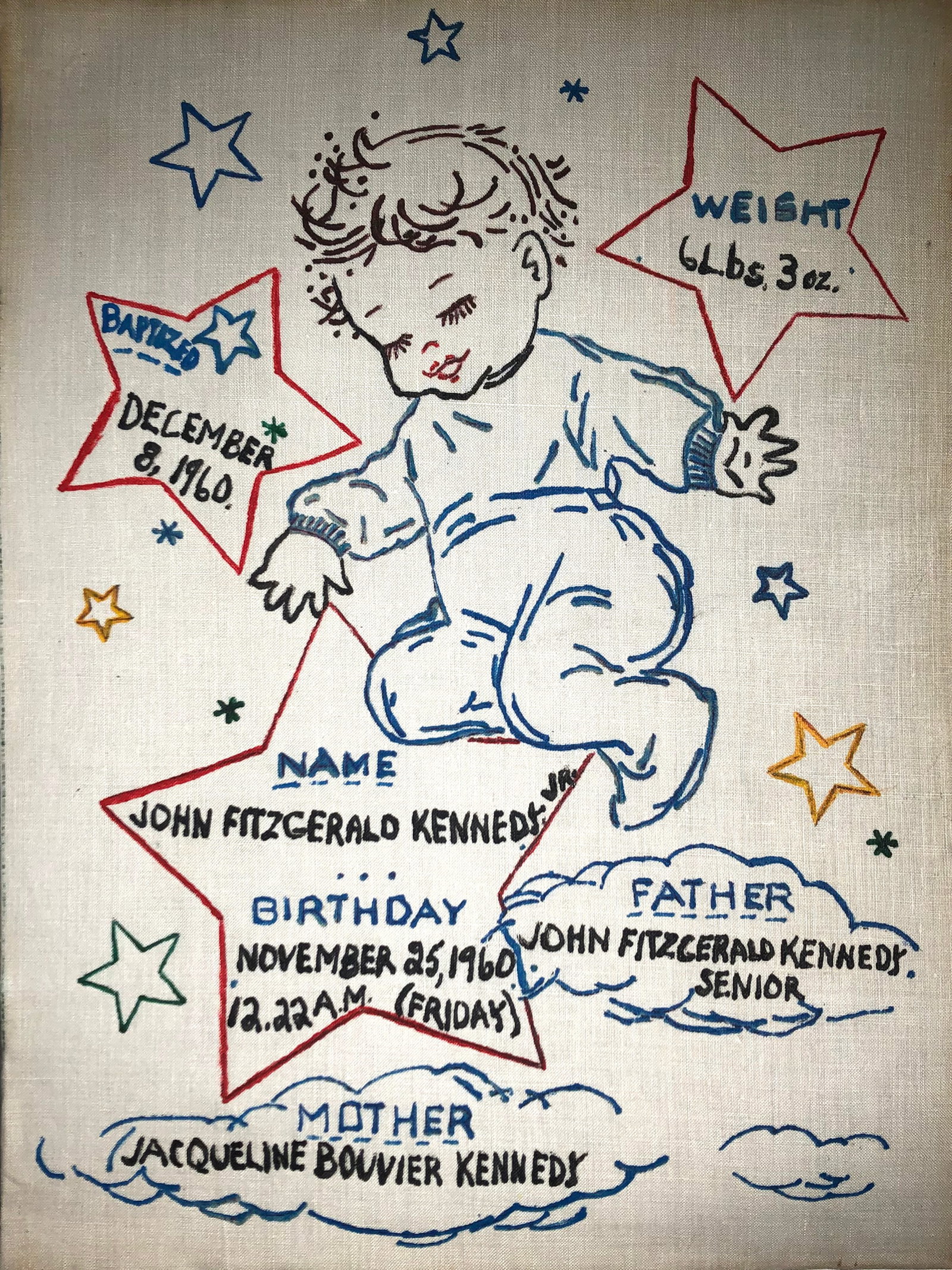 John F Kennedy Jr Birth info - John F Kennedy Jr Birth: Artist: John F Kennedy Jr Birth info Title: John F Kennedy Jr Birth Year: 1960 Dimensions: 12in. by 16in. Edition: A rare and unique work of art Medium: Canvas on Chipboard Condition: As Seen Notes: