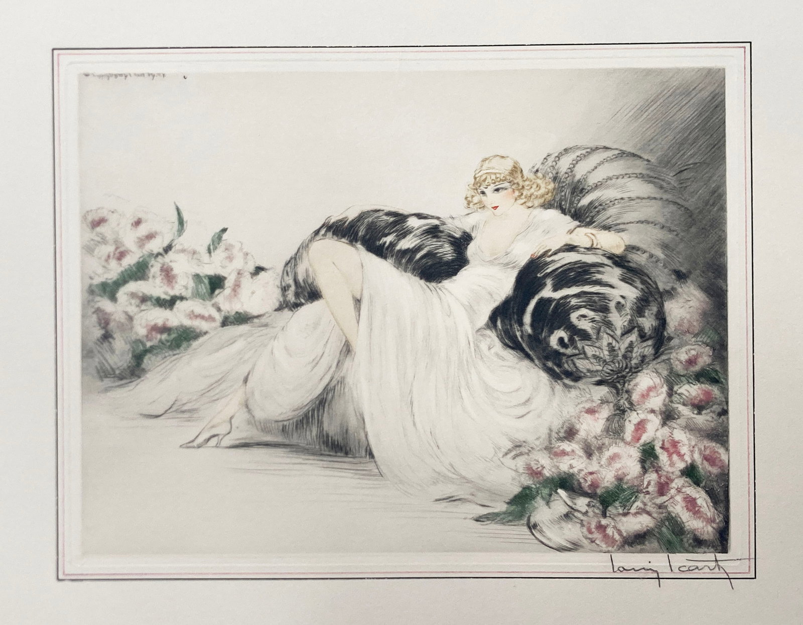 Louis Icart - Peonies: Artist: Louis Icart Title: Peonies Year: 1935 Dimensions: 8.25in. by 11in. Edition: From the rare limited edition Medium: Original drypoint etching with hand coloring on paper Condition: Excellent