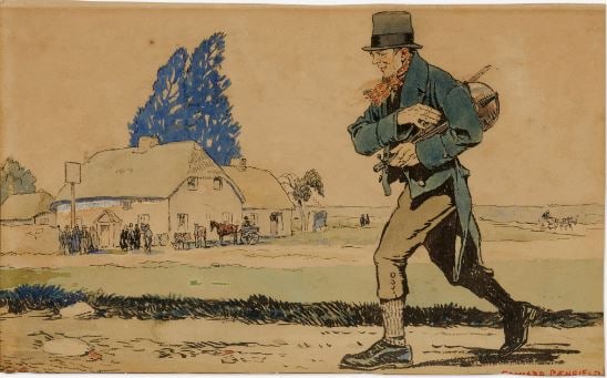 Edward Penfield - Man Walking in Village: Artist: Edward Penfield Title: Man Walking in Village Year: 1866-1925 Dimensions: 13in. by 8in. Edition: Unique Original One of a Kind Artwork Medium: Original watercolor and ink on paper laid to