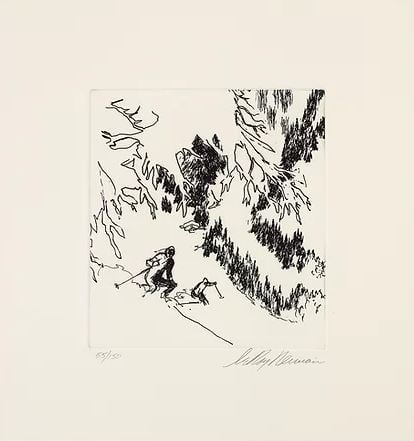 Leroy Neiman - Skiing VI: Artist: Leroy Neiman Title: Skiing VI Year: 1972 Dimensions: 8 1/4 x 7 3/8 in. Edition: From the limited edition of 150 Suite: Skiing Suite Medium: Original etching on paper Condition: Excellent