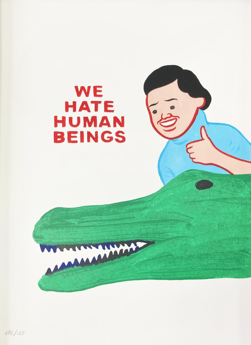 David Shrigley - We Hate Human Beings: Artist: David Shrigley Title: We Hate Human Beings Year: 2022 Dimensions: 12 4/5in. by 17in. Edition: From the Rare Limited Edition of 125 Suite: Vote Joan Cornella VS David Shrigley Medium: Original