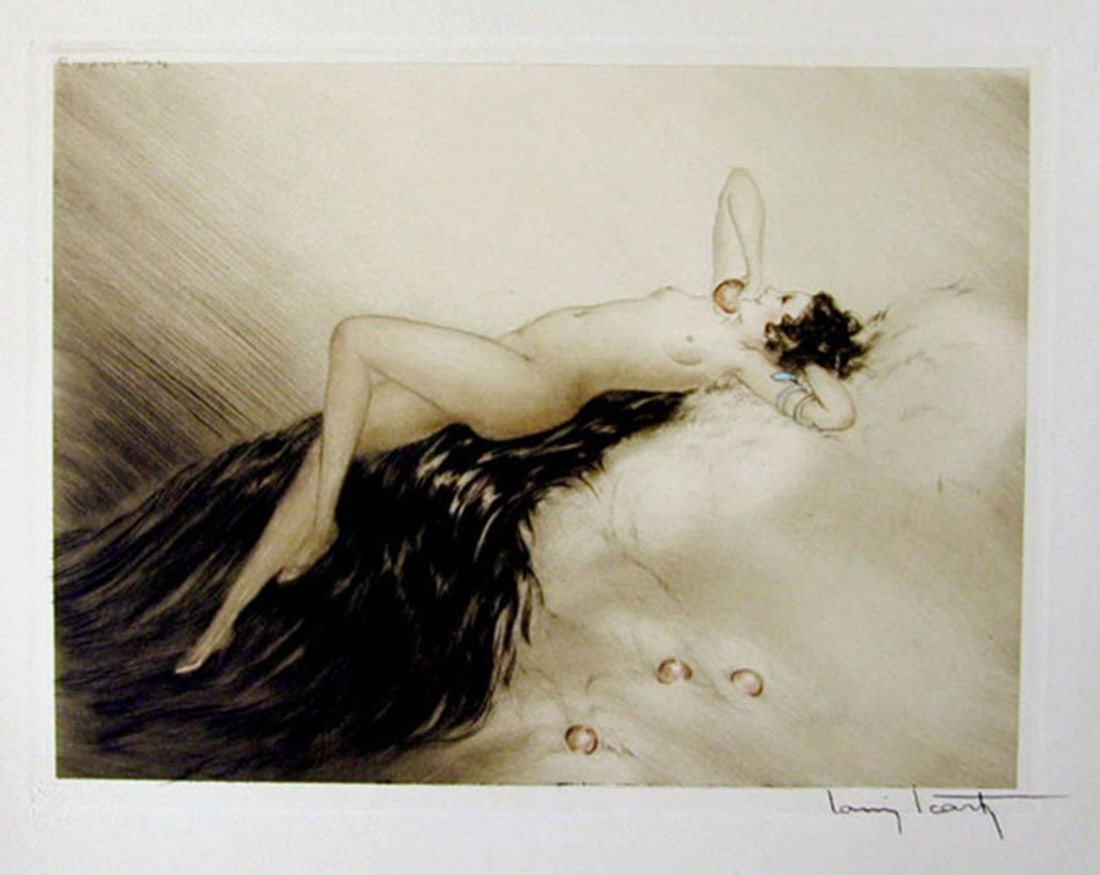 Louis Icart - Loves Awakening: Artist: Louis Icart Title: Loves Awakening Year: 1933 Dimensions: 8in. by 10 7/8in. Edition: From the rare limited edition Medium: Original drypoint etching with hand coloring on paper Condition: