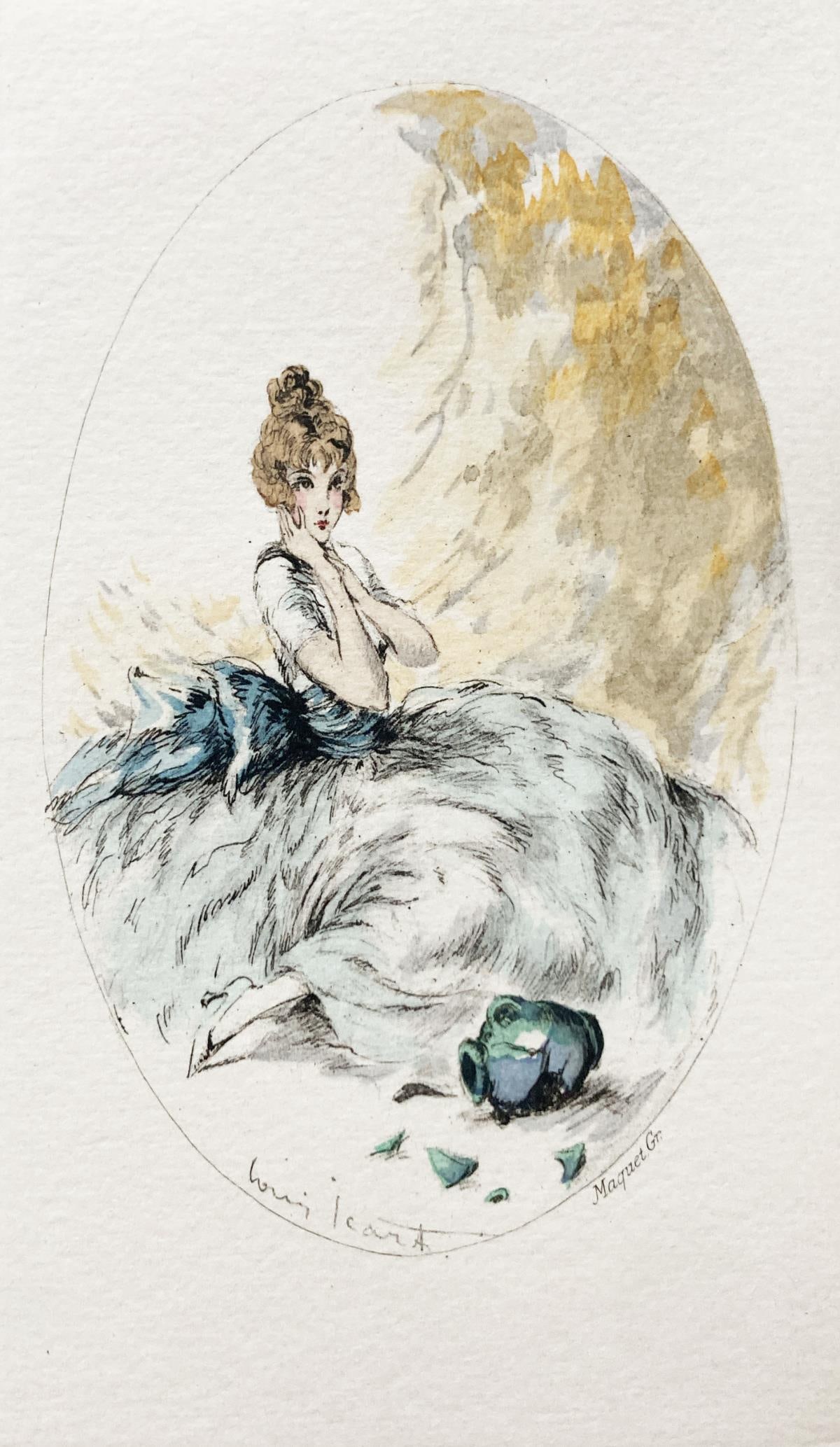 Louis Icart - Untitled (Girl with Vase): Artist: Louis Icart Title: Untitled (Girl with Vase) Year: 1940 Dimensions: 3in. by 4in. Edition: From the limited edition Medium: Colored Lithograph