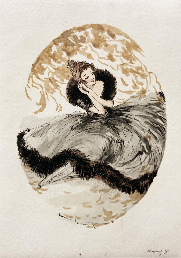 Louis Icart - Untitled (Girl in Dress): Artist: Louis Icart Title: Untitled (Girl in Dress) Year: 1940 Dimensions: 3in. by 4in. Edition: From the limited edition Medium: Colored Lithograph