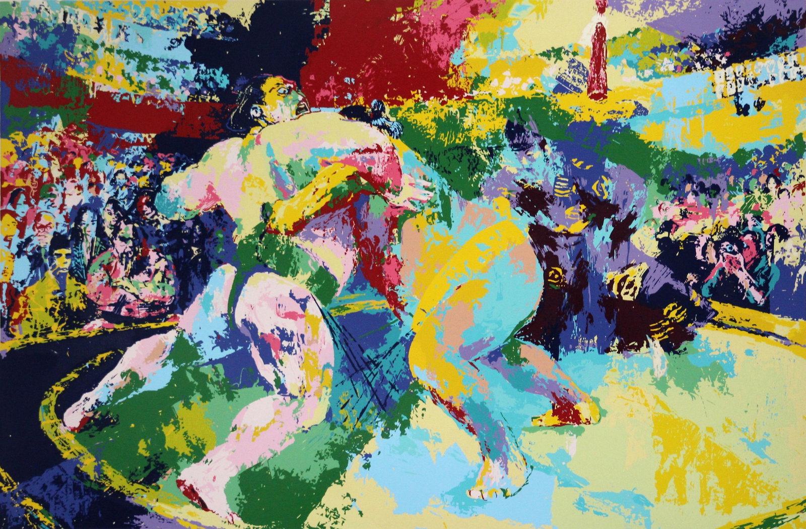 Leroy Neiman - Sumo Wrestlers: Artist: Leroy Neiman Title: Sumo Wrestlers Year: 1985 Dimensions: 31in. by 43in. Edition: 16 From the limited edition of 300 Medium: Original serigrpah on paper Condition: Excellent Signature