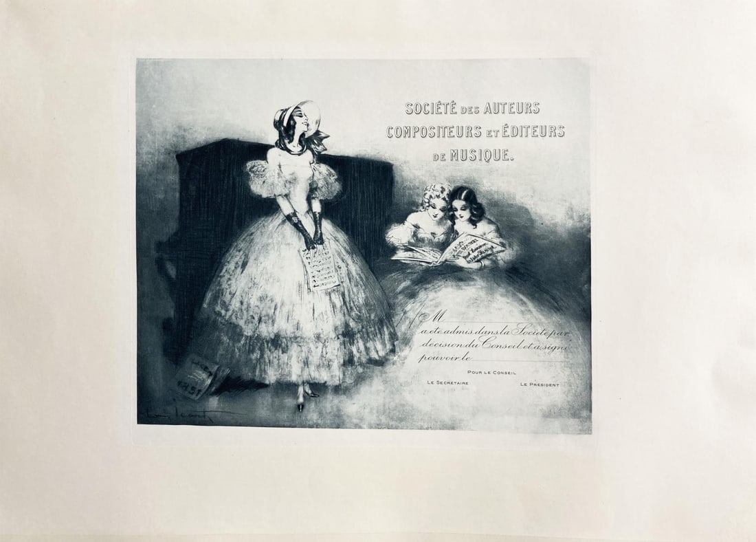 Louis Icart - Societes Des Auteurs Compositeurs Et: Artist: Louis Icart Title: Societes Des Auteurs Compositeurs Et Editeurs De Musique Year: 1925 Dimensions: 12.5in. by 16in. Edition: From the rare limited edition Medium: Lithograph Condition: