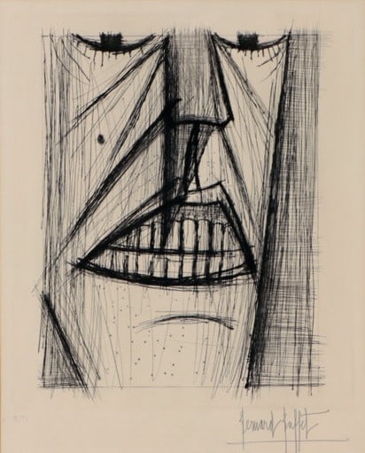 Bernard Buffet - Teeth Indicating the Time: Artist: Bernard Buffet Title: Teeth Indicating the Time Year: 1958 Dimensions: 20in. by 16in. Edition: From the Rare Limited Edition of 37 Publisher: Lacouriere and Frelaut Paris Medium: Drypoint