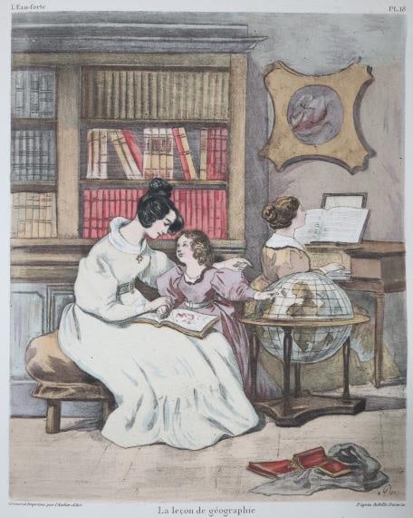 Achille Deveria - Lecon de Geographie: Artist: Achille Deveria Title: Lecon de Geographie Year: 1904 Dimensions: 9 3/8in. by 12 3/8in. Edition: From the rare limited edition Publisher: L'Atelier d'Art Suite: Leau Forte Medium: Original