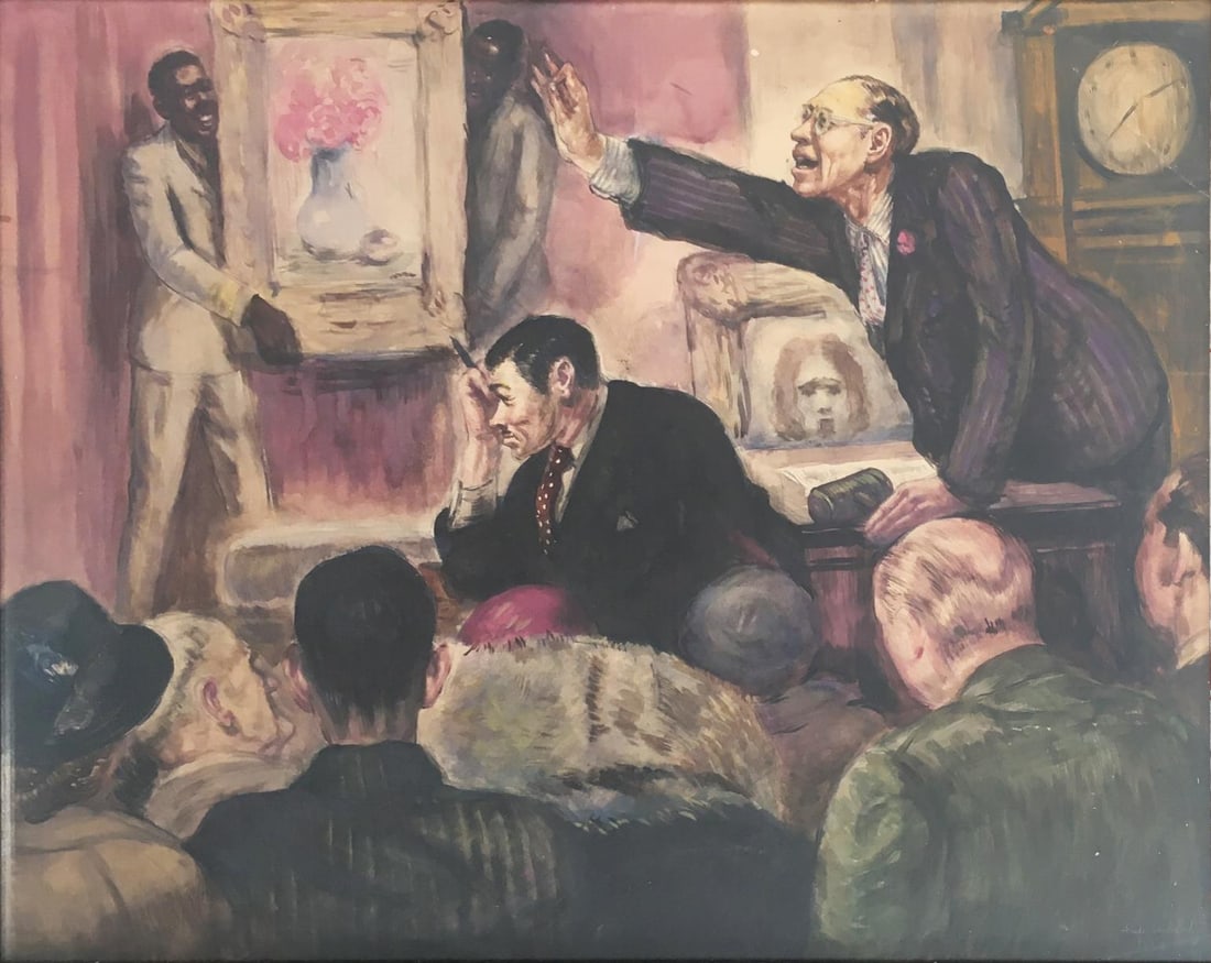 Unknown Artist - Auctioneer: Artist: Unknown Artist Title: Auctioneer Year: 1934 Dimensions: 19in. by 25 1/2in. Edition: Unique One of a Kind Artwork Medium: Gouache on Paper Condition: Excellent Signature Details: Hand Signed