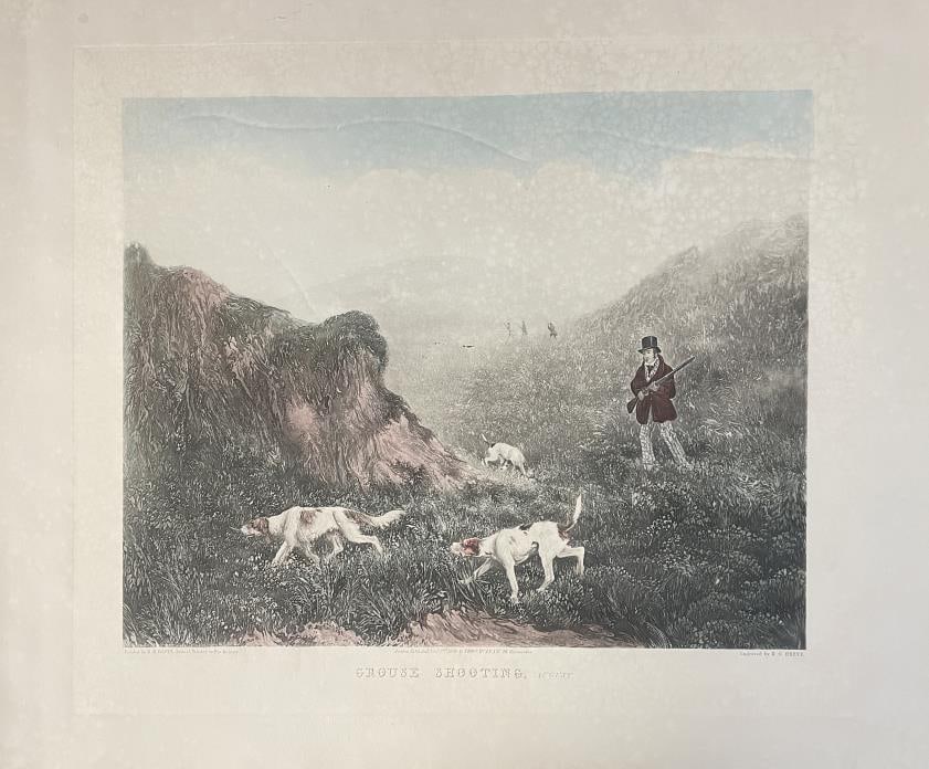 RG Reeve - Grouse Hunting: Artist: RG Reeve Title: Grouse Hunting Year: 1836 Dimensions: 26 1/8in. by 21 1/4in. Edition: From the rare limited edition Publisher: Tho Mclean Medium: Original Engraving in Colors on Paper