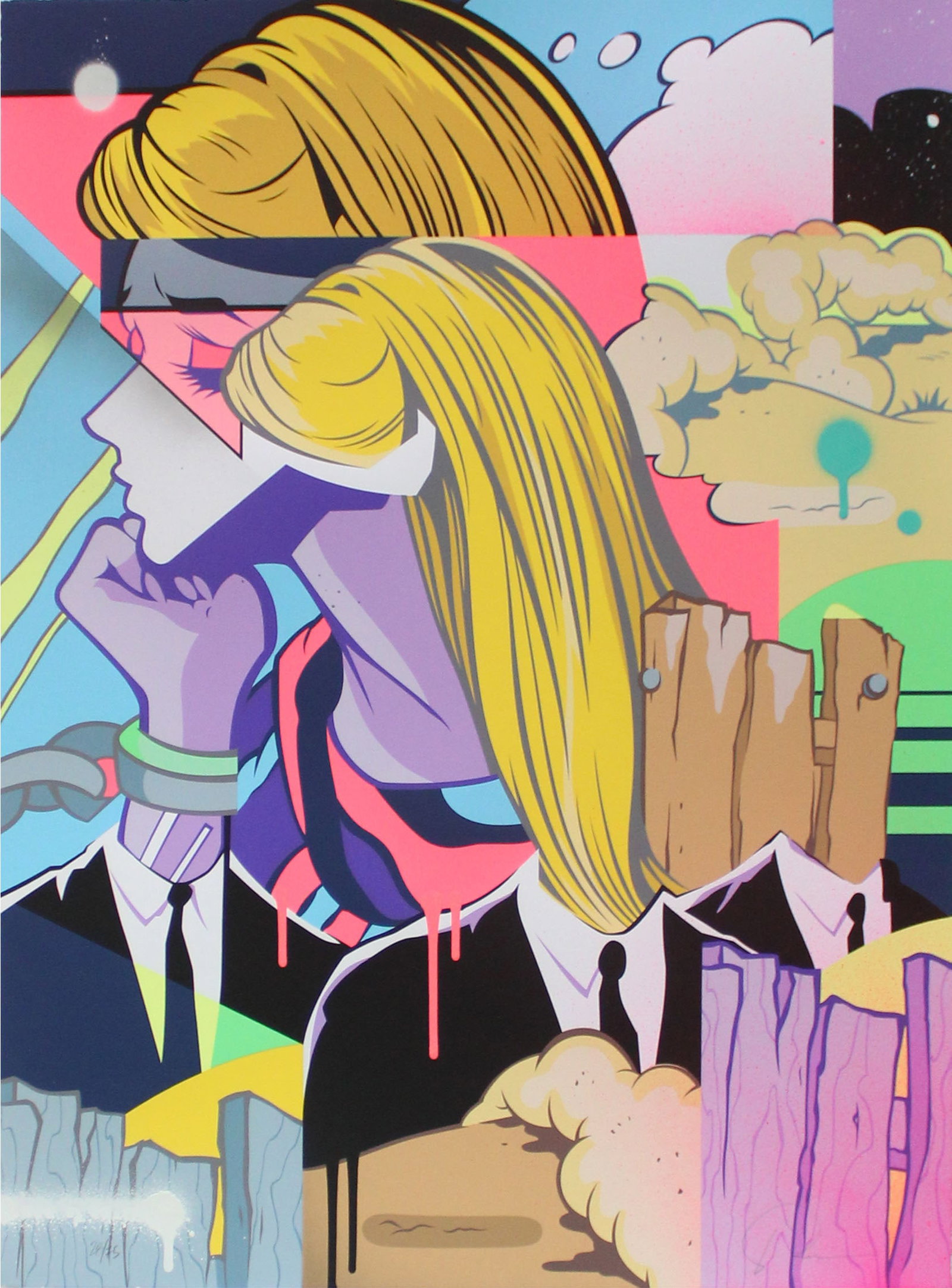 Pose - Bound: Artist: Pose Title: Bound Year: 2020 Dimensions: 23 x 30 in. Edition: From the rare limited edition of 75 Medium: 17 Color, Hand-Pulled Screen Print and Hand Embellished with Acrylic & Spray Paint on