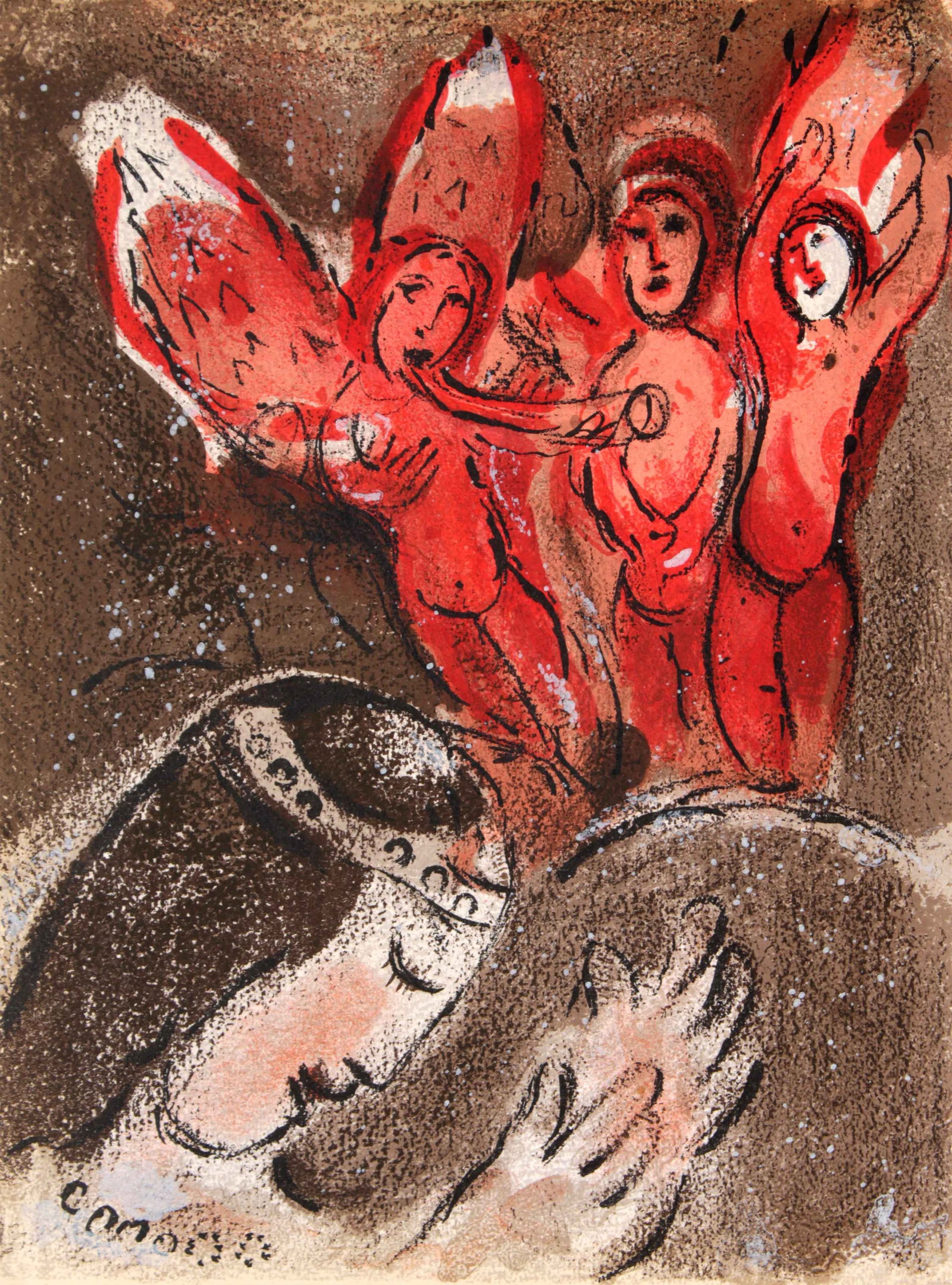 Marc Chagall - Sarah and the Angels: Artist: Marc Chagall Title: Sarah and the Angels Year: 1956 Dimensions: 14in. by 10.25in. Edition: From the rare limited edition Publisher: Editions de la Revue Verve Teriade Paris Suite: The Bible