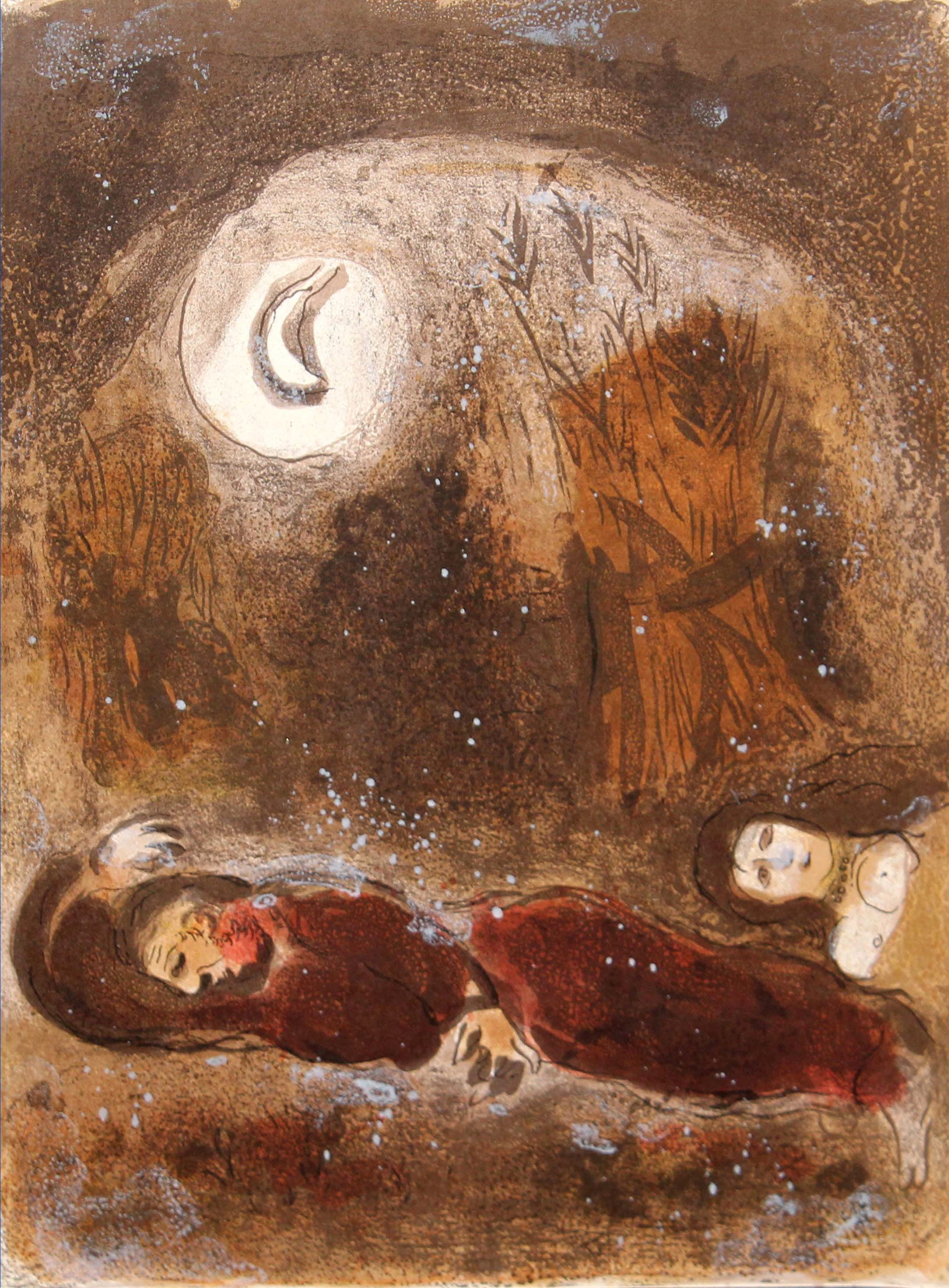 Marc Chagall - Ruth at the Feet of Boaz: Artist: Marc Chagall Title: Ruth at the Feet of Boaz Year: 1956 Dimensions: 14in. by 10.5in. Edition: From the rare limited edition Publisher: Editions de la Revue VERVE Paris Suite: The Bible