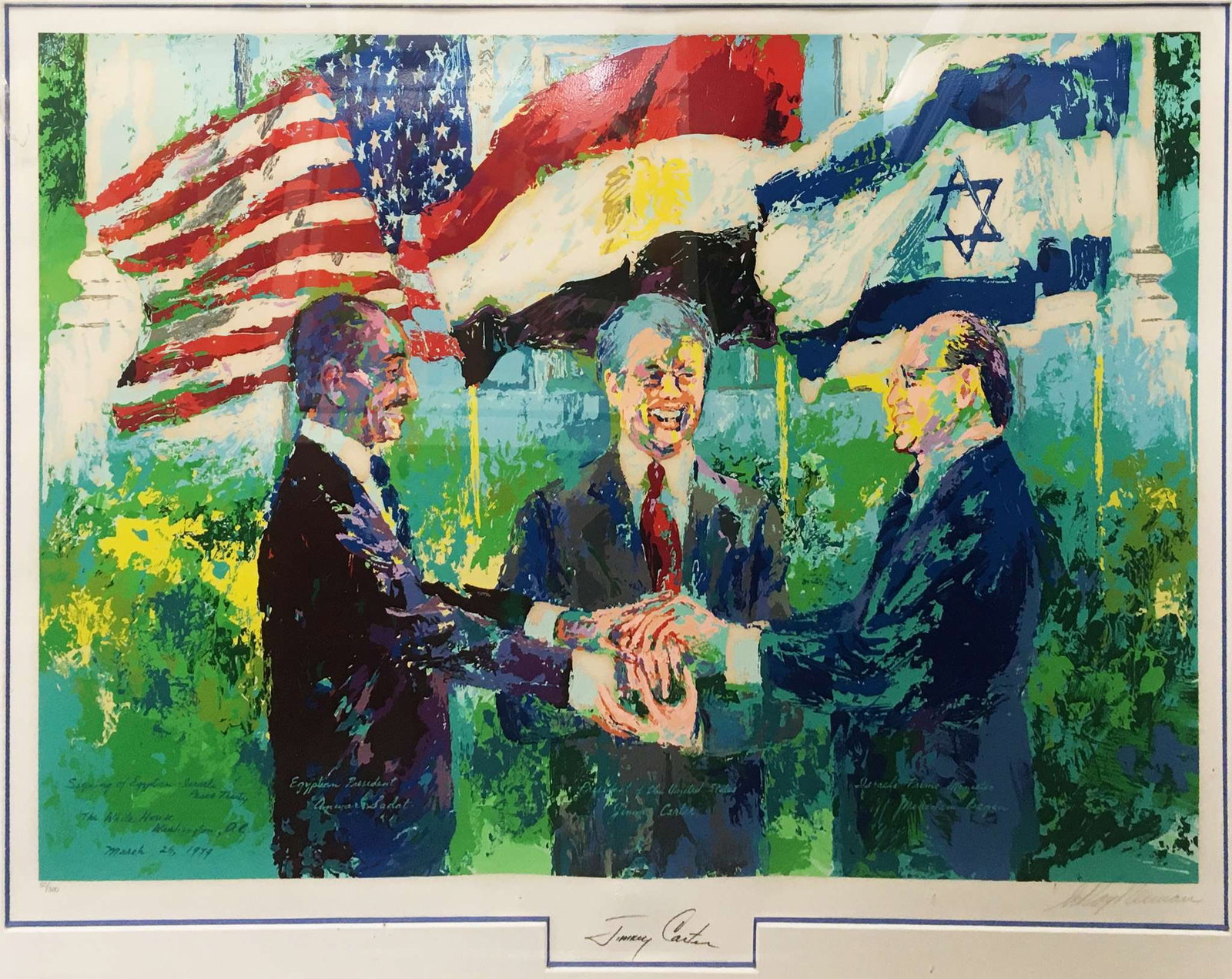LeRoy Neiman - White House Egyptian Israeli Peace Treaty: Artist: LeRoy Neiman Title: White House Egyptian Israeli Peace Treaty Year: 1980 Dimensions: 26 1/2 x 38 in Edition: From the limited edition Medium: Serigraph on paper Condition: Excellent Signature