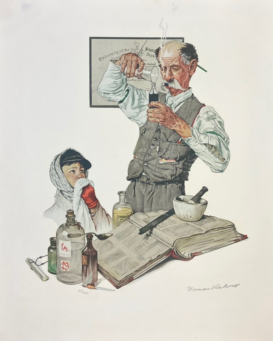 Norman Rockwell - Pharmacist: Artist: Norman Rockwell Title: Pharmacist Dimensions: 24 x 20 in. Edition: 100 from the Limited Edition 200 Medium: Original lithograph on paper Condition: As Is Signature Details: Hand signed and