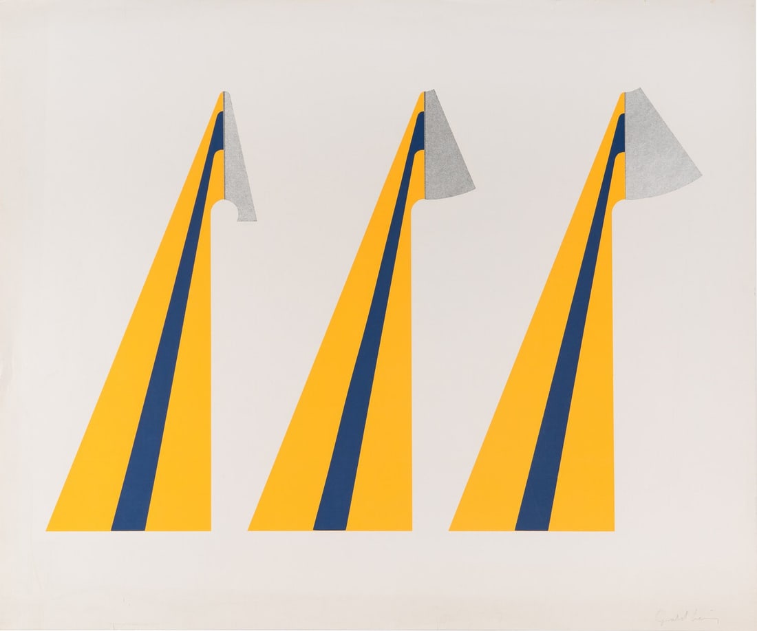 Gerald Laing - Triple: Artist: Gerald Laing Title: Triple Year: 1966 Dimensions: 21 1/8 x 31 in. Medium: Screenprint on wove paper Condition: Excellent Signature Details: Signed in pencil Comes with Letter of authenticity