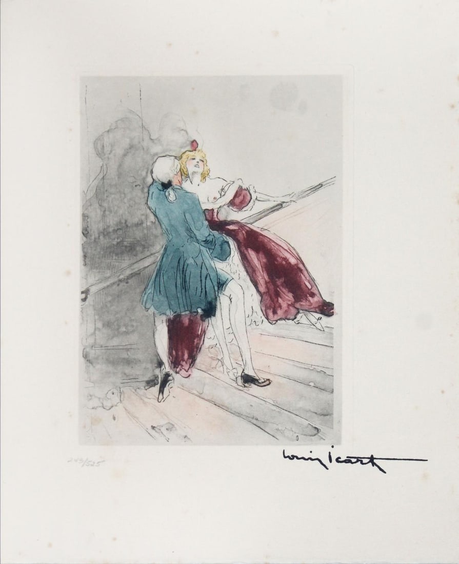 Louis Icart - Swept Away: Artist: Louis Icart Title: Swept Away Year: 1946 Dimensions: 11in. by 8.5in. Edition: From the rare limited edition of 525 Publisher: Claude Prosper de Crebillon Suite: La Nuit et le Moment Medium: