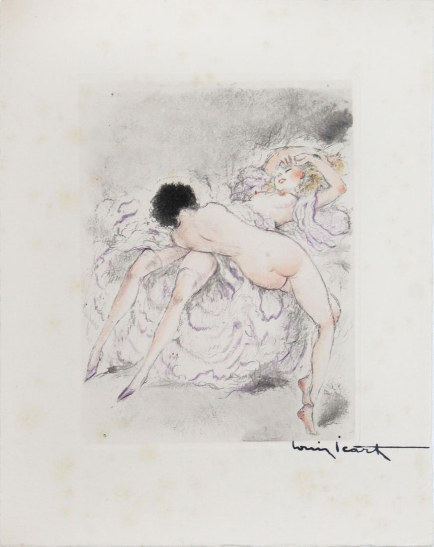 Louis Icart - Foreplay: Artist: Louis Icart Title: Foreplay Year: 1947 Dimensions: 11in. by 8.5in. Edition: From the rare limited edition of 500 Publisher: Georges Guillot Editeur: Paris