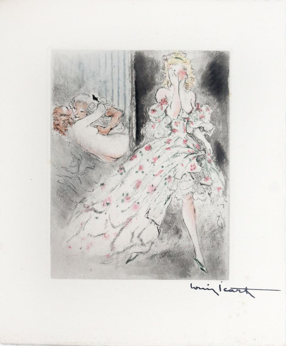 Louis Icart - Sneak a Peak: Artist: Louis Icart Title: Sneak a Peak Year: 1947 Dimensions: 11in. by 8.5in. Edition: From the rare limited edition of 500 Publisher: Georges Guillot Editeur: Paris <
