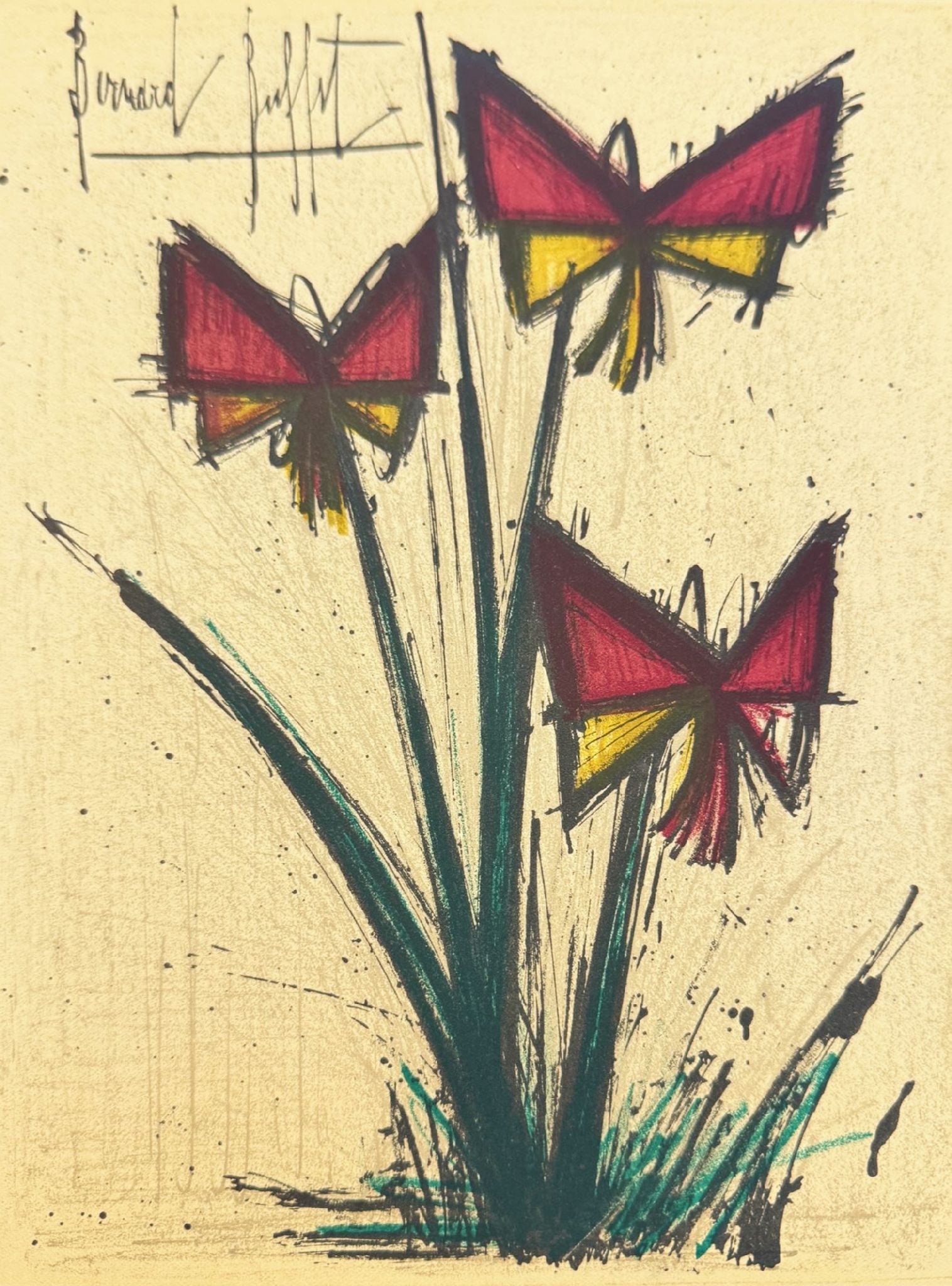 Bernard Buffet - Pensees (Red and Yellow Flowers): Artist: Bernard Buffet Title: Pensees (Red and Yellow Flowers) Year: 1965 Dimensions: 7 1/2 x 10 in. Edition: From the rare limited edition Publisher: Mourlot Freres Medium: Color lithograph on
