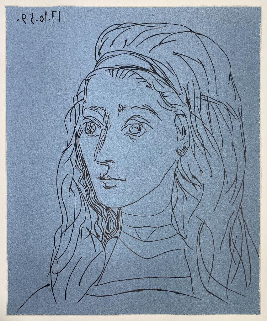 Pablo Picasso - Femme accoudee: Artist: Pablo Picasso Title: Femme accoudee Year: 1962 Dimensions: 8.75in. by 10.5in. Edition: From a rare limited edition Publisher: Verlag Gerd Hatje Stuttgart Suite: Picasso Linogravures Medium: