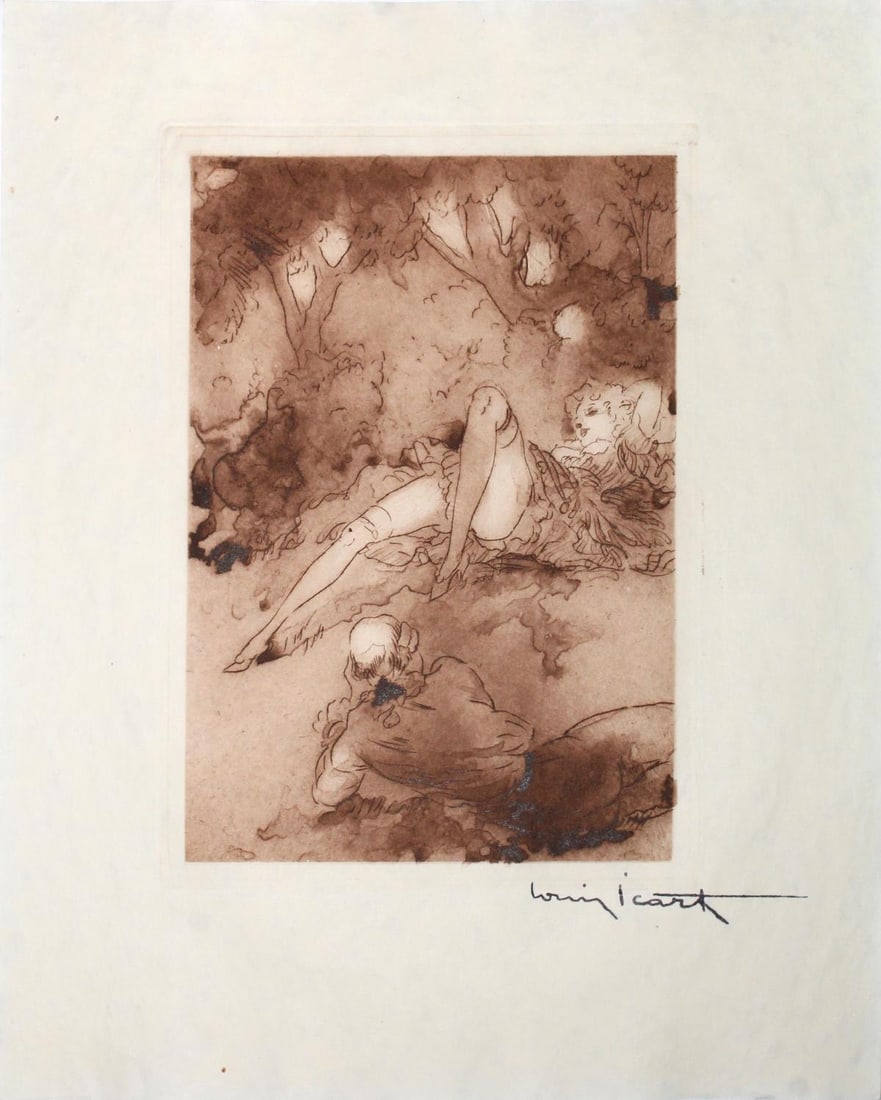 Louis Icart - Satisfied: Artist: Louis Icart Title: Satisfied Year: 1946 Dimensions: 11in. by 8.5in. Edition: From the rare limited edition of 125 Publisher: Claude Prosper de Crebillon Suite: La Nuit et le Moment Medium:
