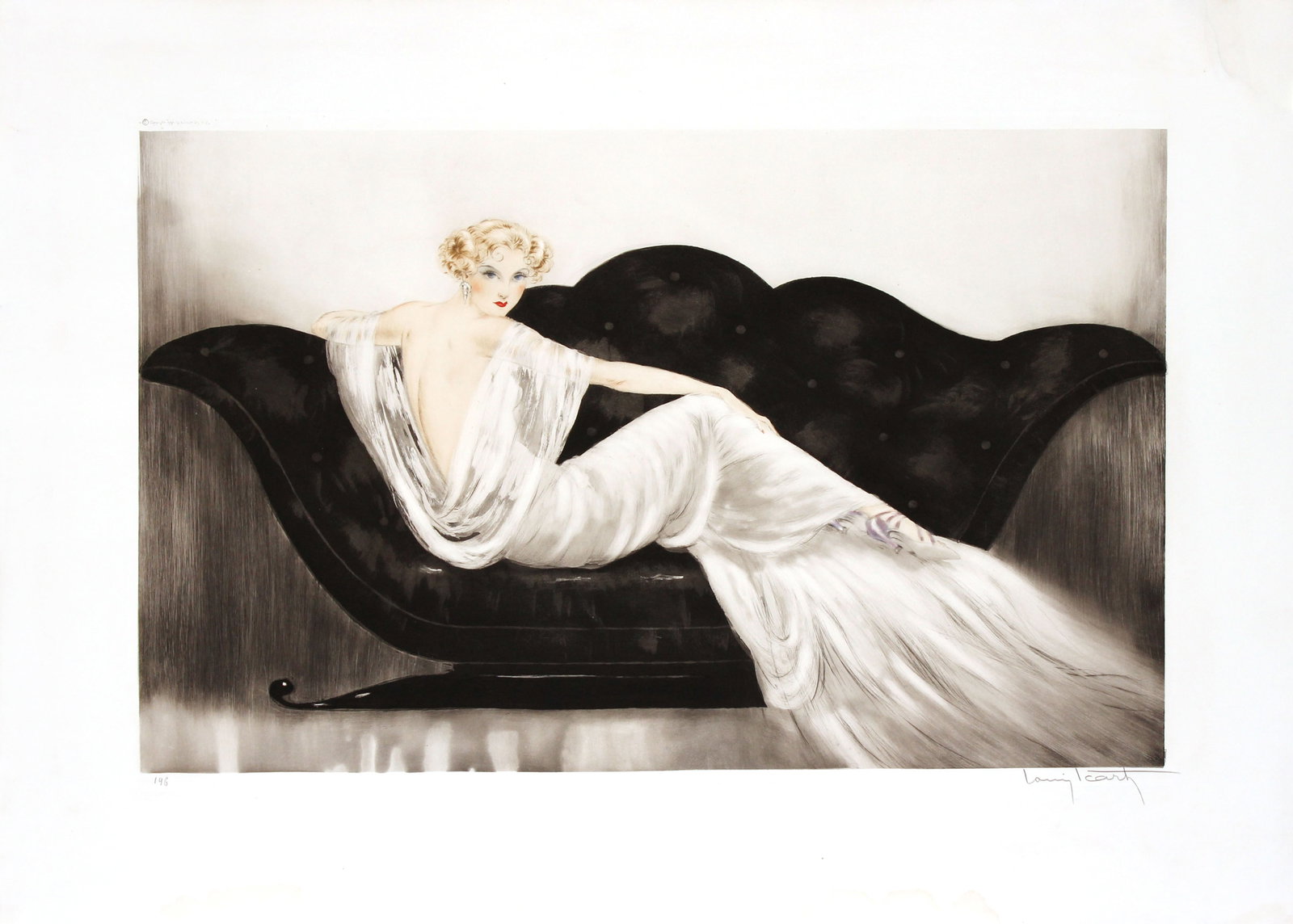 Louis Icart - Le Sofa: Artist: Louis Icart Title: Le Sofa Year: 1937 Dimensions: 17in. by 25.75in. Edition: From the rare limited edition Medium: Original drypoint etching with hand c