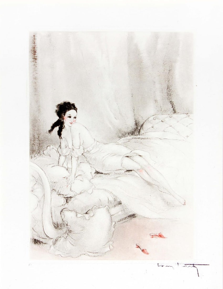 Louis Icart - Eager Anticipation: Artist: Louis Icart Title: Eager Anticipation Year: 1938 Dimensions: 8 13/16in. by 11in. Edition: From the rare limited edition of 200 Publisher: Georges Guillot Editeur; Paris Suite: La Dame aux